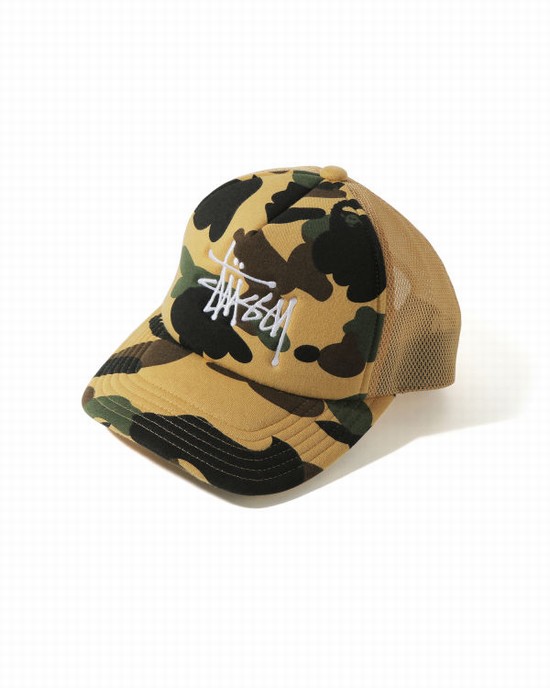 Casquettes Bape X Stussy Trucker Homme Jaune | JIESL8207