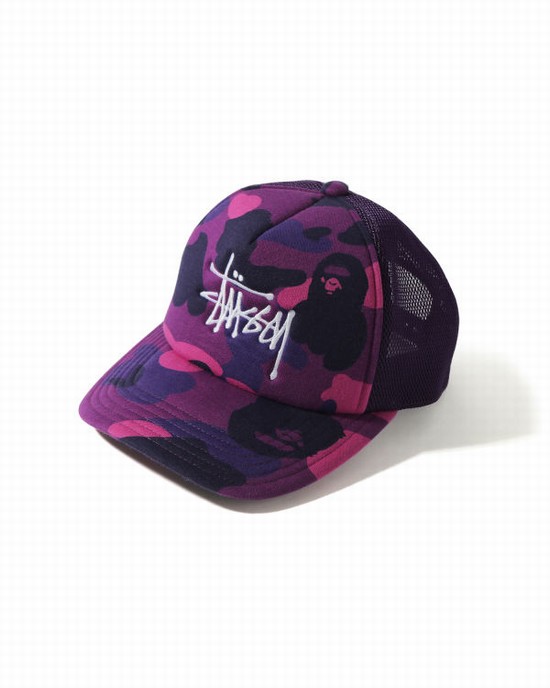 Casquettes Bape X Stussy Trucker Homme Violette | VOAZK3574