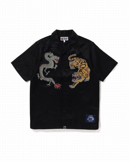 Chemises Bape Japanese Motif Relaxed Fit S/S Homme Noir | QMNLX0965