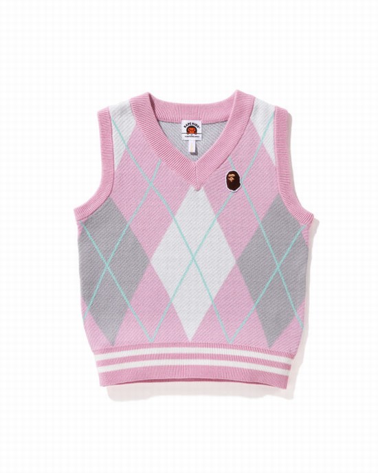 Gilet Bape Ape Head Patch Argyle Enfant Rose | VMTZU0541