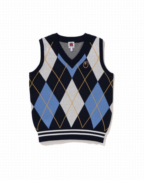 Gilet Bape Ape Head Patch Argyle JR Enfant Bleu | MCVFU7482