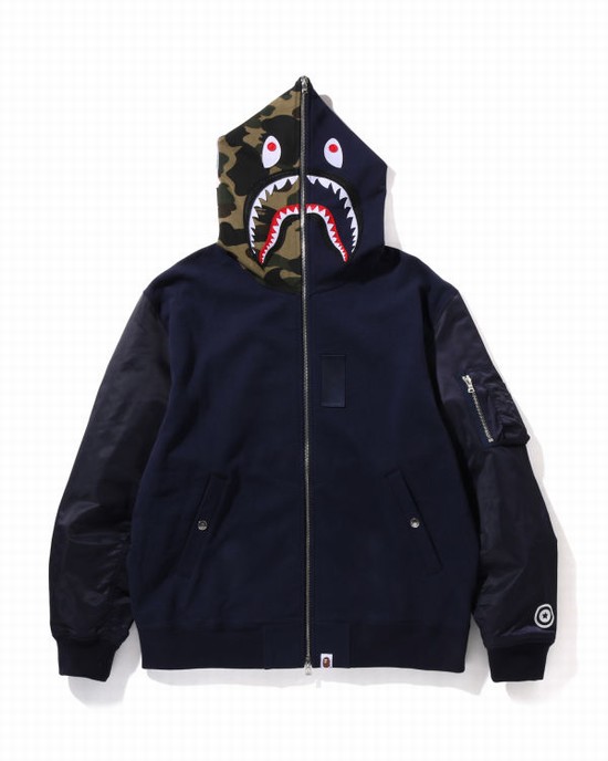 Sweat À Capuche Bape Military Shark Relaxed Fit Full Zip Homme Bleu Marine Bleu | YQCLA1439