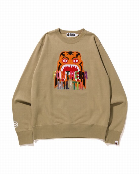 Sweats Bape Tiger Embroidery Crewneck Homme Beige | HXJSC1802