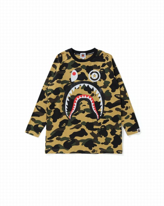 T Shirts Bape 1st Camo Shark 3/4 Sleeve Enfant Jaune | HJIVN5321