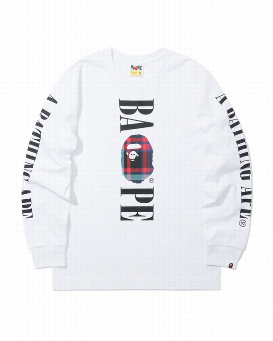 T Shirts Bape Check Head long sleeve Homme Blanche | OVKJL4830