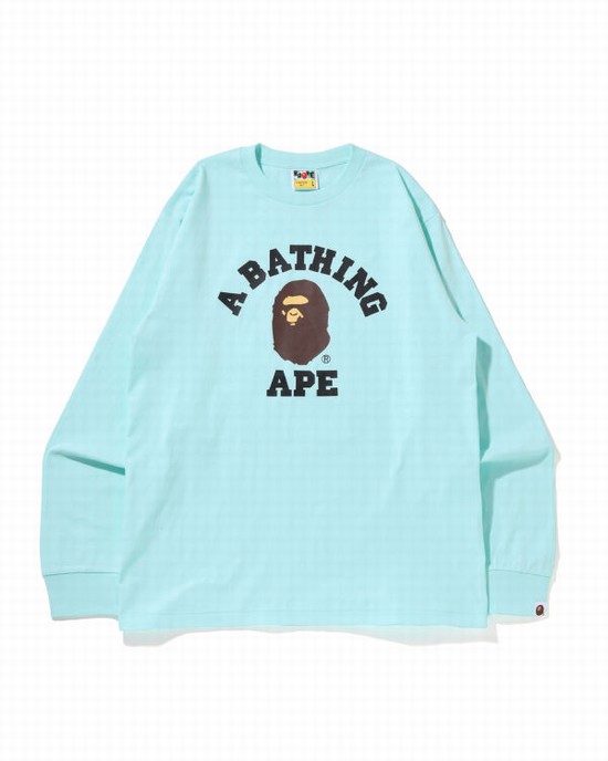 T Shirts Bape College L/S Homme Bleu Clair | APNCE1827