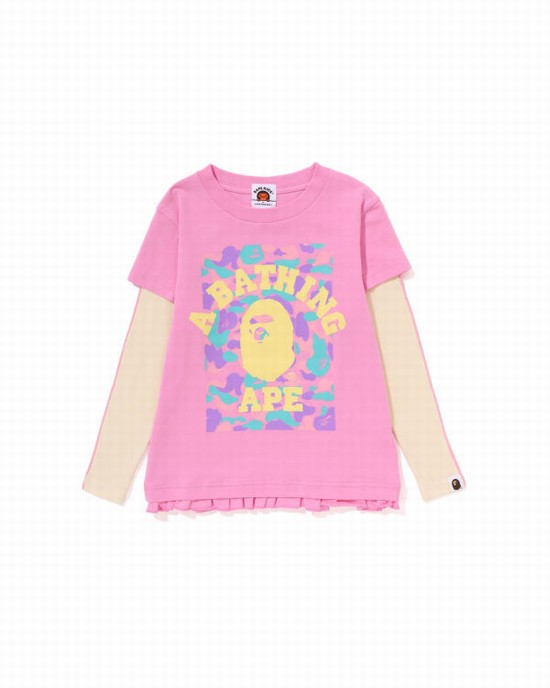 T Shirts Bape College Layered Frill L/S Enfant Rose | GDQHO0274