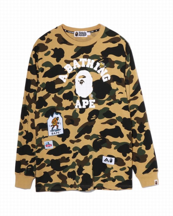 T Shirts Bape Multi Label 1st Camo L/S Femme Jaune | FGLIP6074