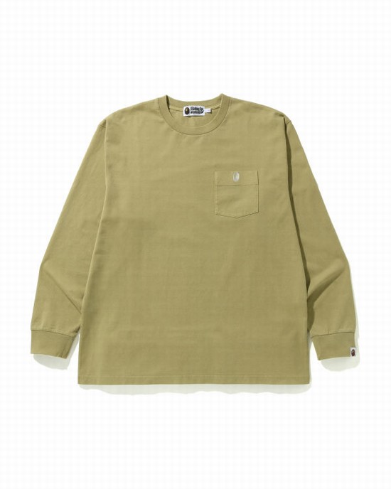 T Shirts Bape Overdye One Point Pocket Relaxed Fit L/S Homme Beige | HXNFI1908