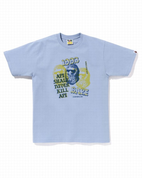 T Shirts Bape Pigment Three Ape Head Homme Bleu Clair | FGRKV7058