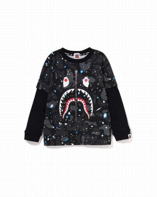 T Shirts Bape Space Camo Shark Layered L/S Enfant Noir | AIHQV6279