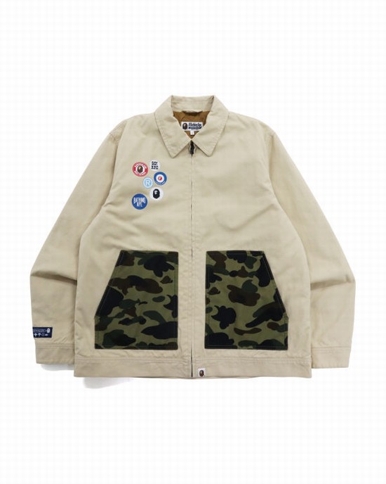 Vestes Bape Badge Motif Zip Blouson Homme Beige | BAUYT8107