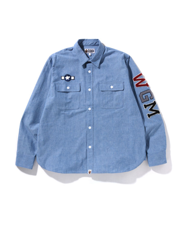 Chemises Bape Busy Shark Chambray Relaxed Fit Homme Bleu | DRWFX3968