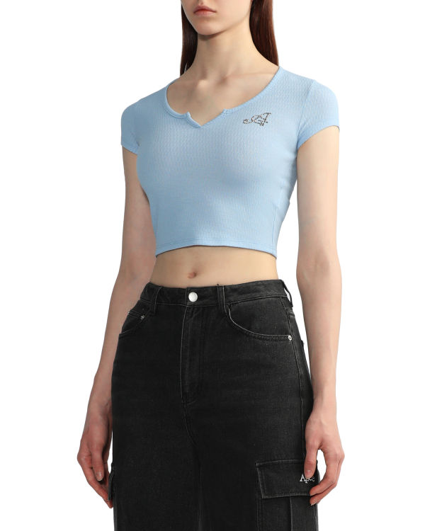 Chemisier Bape V-neck crop Femme Bleu Clair | INULC7381