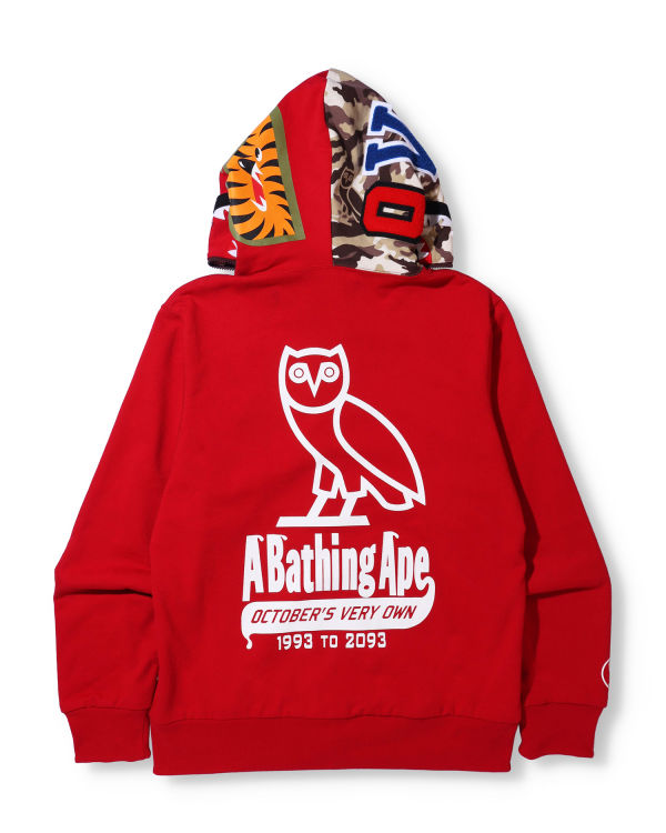 Sweat À Capuche Bape X OVO Woodland Camo Shark Reversible Full Zip Homme Rouge Clair | MHATE9742